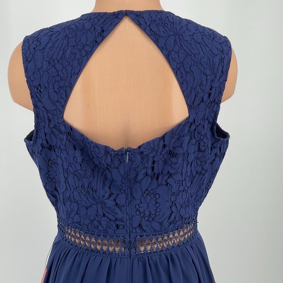 Truth & Fable Chiffon Lace Midi Dress L Cutout Waist Keyhole Back Fit Flare Navy - Picture 8 of 12